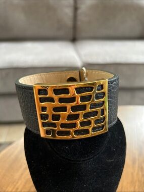 Wide Black Leather Bracelet with Gold Lattice Plaque